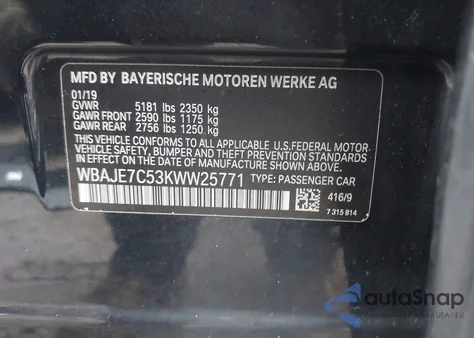 2019 BMW 540I xDrive from USA, damaged, VIN WBAJE7C53KWW25771